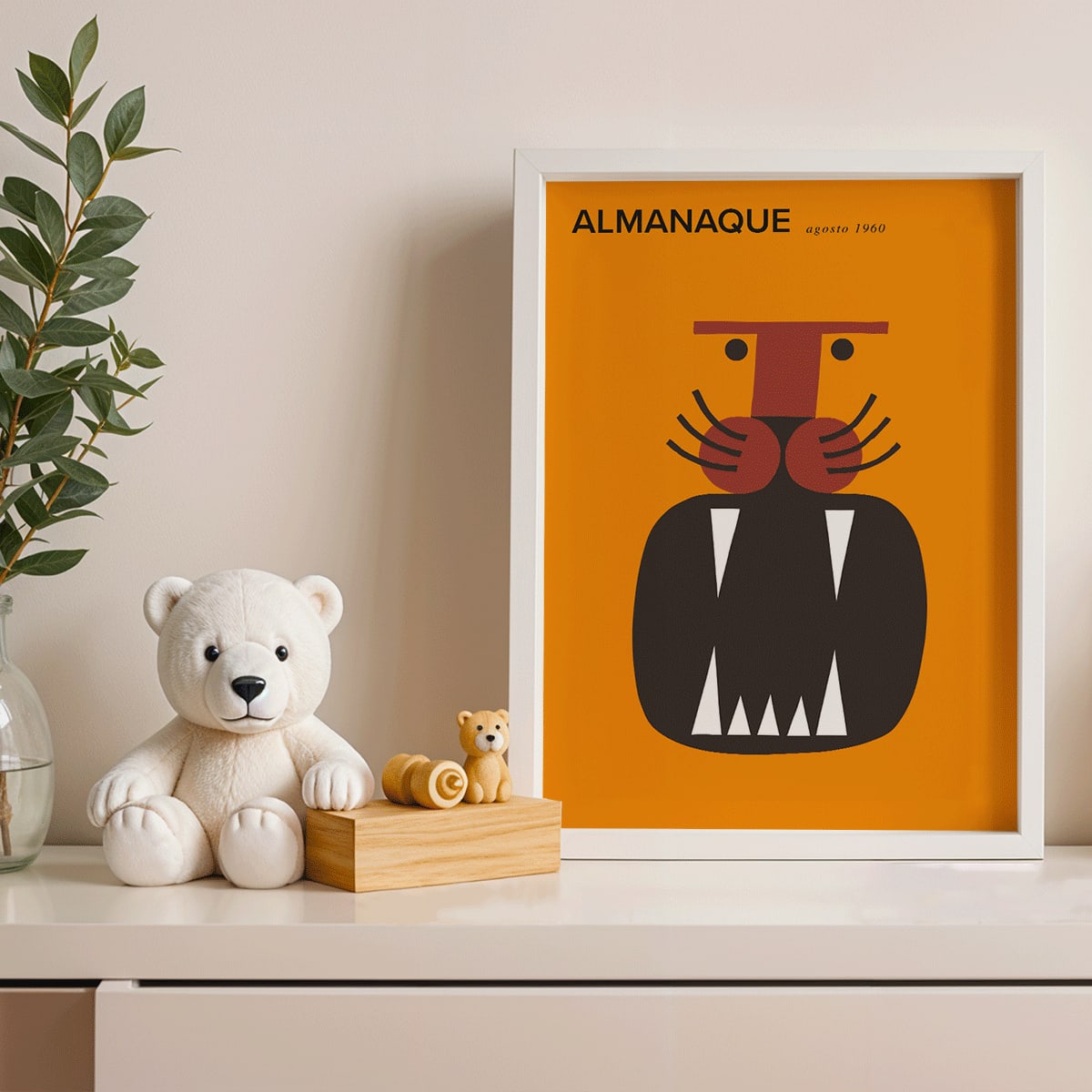Almanaque magazine cover by Sebastiao Rodrigues with abstract animal and face artwork on orange background, framed and displayed in modern living room decor