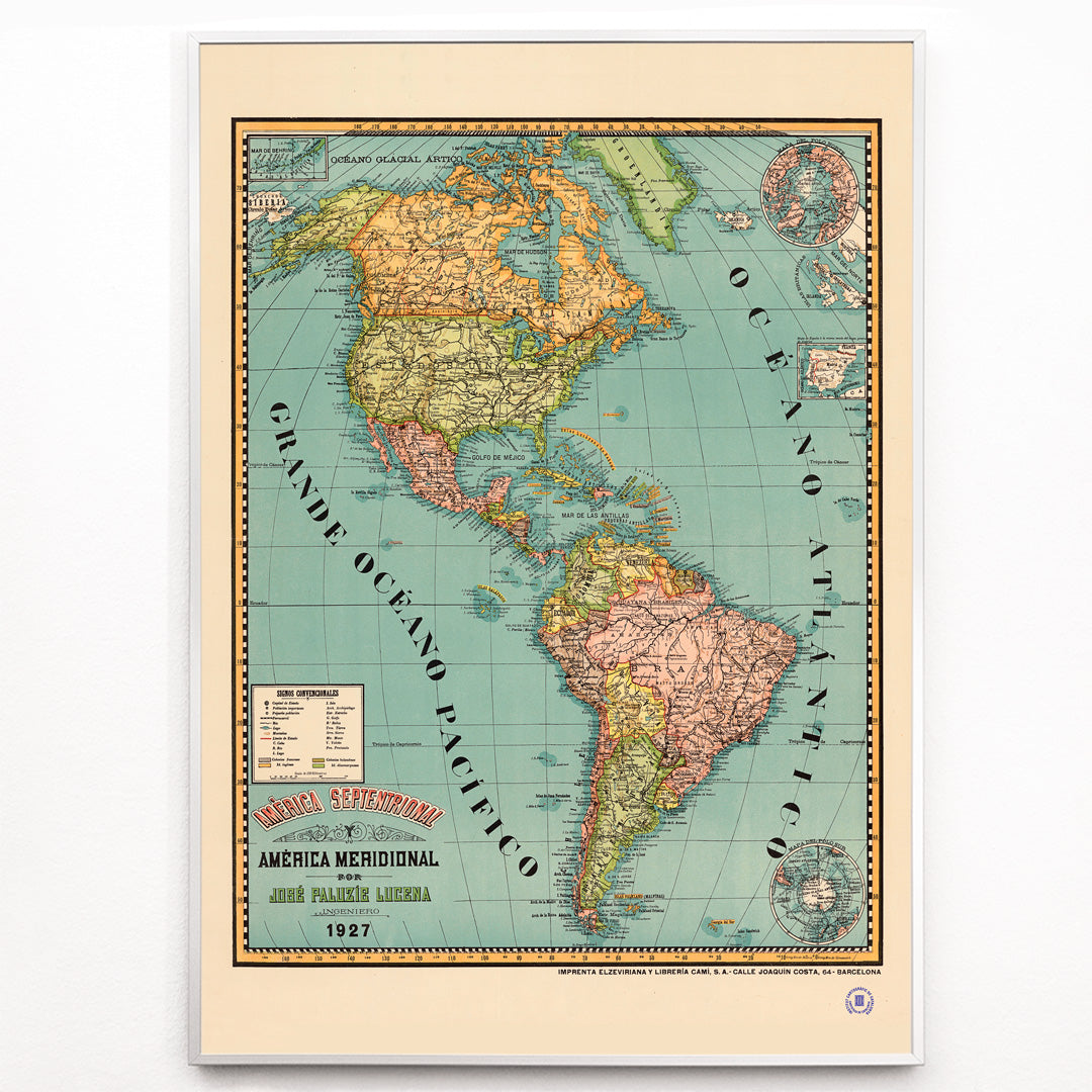 Closeup detail of Vintage map poster of North and South America titled América septentrional y América meridional by Paluzie Lucena Josep