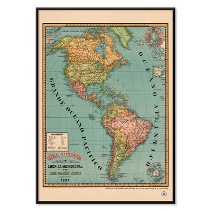 Vintage map poster of North and South America titled América septentrional y América meridional by Paluzie Lucena Josep, with black aluminium frame on white background