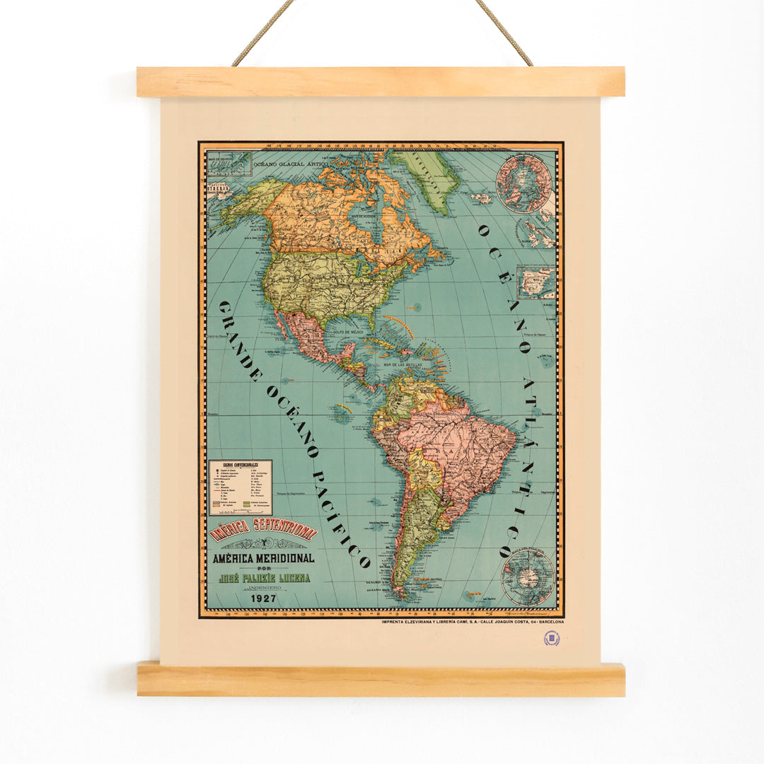 Vintage map poster of North and South America titled América septentrional y América meridional by Paluzie Lucena Josep, with wooden magnetic frame on white background