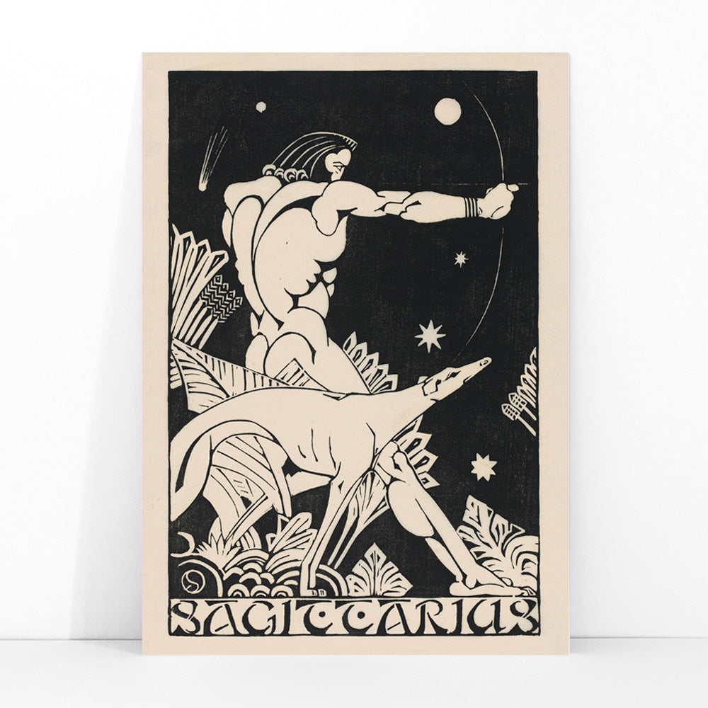Sagittarius archer centaur and dog zodiac artwork surrounded by stars by Henri van der Stok poster, framed and displayed in modern living room decor