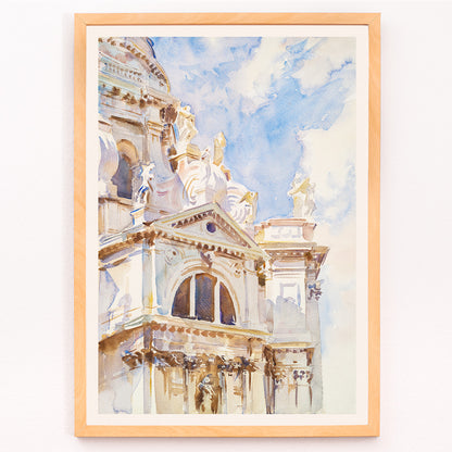 Closeup detail of Watercolor painting The Salute Venice by John Singer Sargent featuring sunlit Venetian architecture ornate building and statues