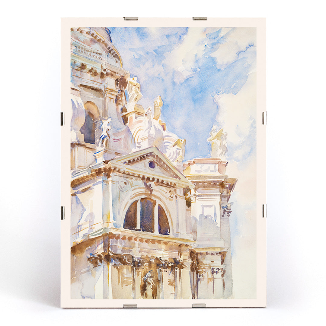 Watercolor painting The Salute Venice by John Singer Sargent featuring sunlit Venetian architecture ornate building and statues, framed and displayed in modern living room decor