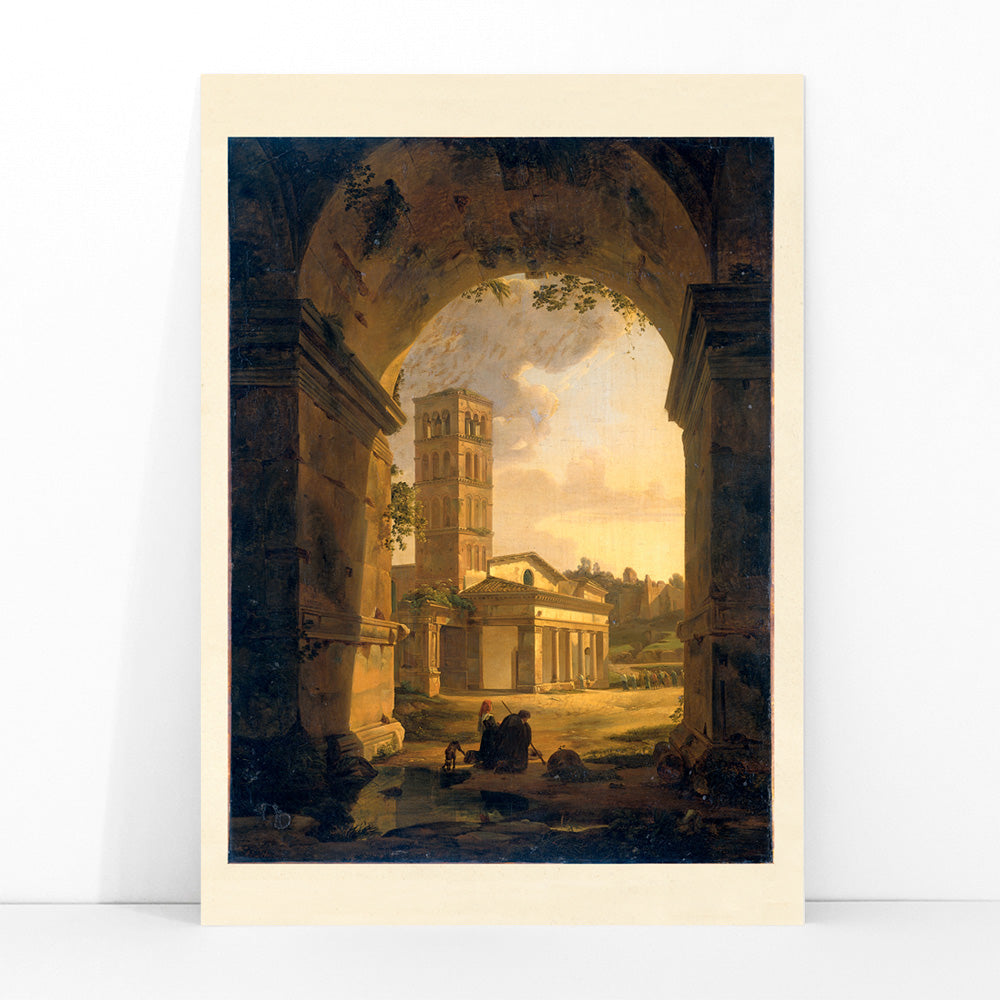 San Giorgio in Velabro Rome painting by Antonie Sminck Pitloo with people ruins and archway view poster, framed and displayed in modern living room decor