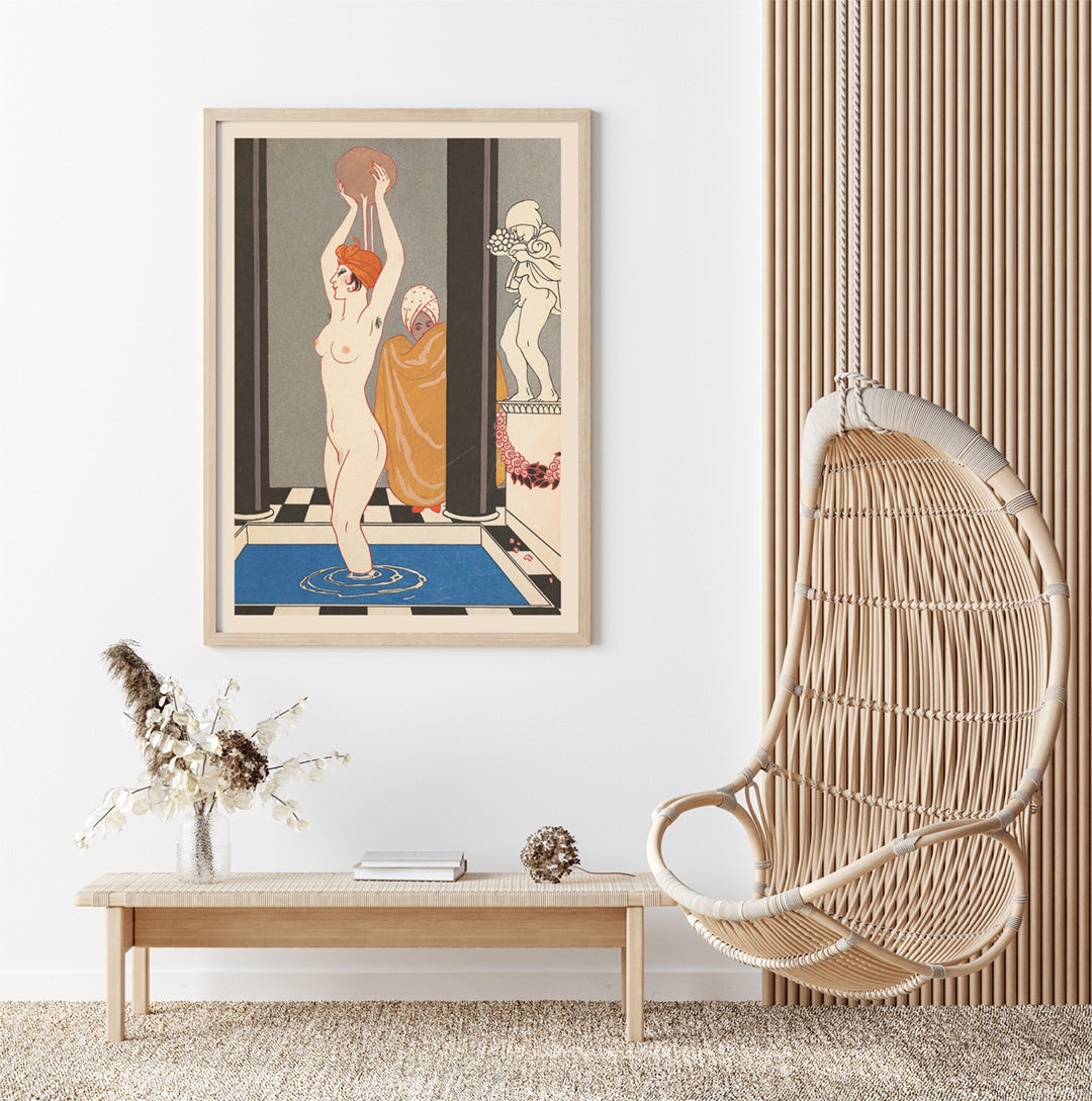 Art Deco woman bathing inspired by La Vasque by George Barbier with another figure in robe beside statue, framed and displayed in home decor