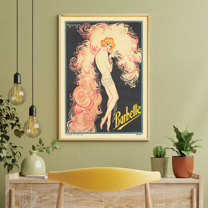 Colorful Art Deco performer illustration with pink swirls and flowing feathers by Charles Gesmar Barbette vintage wall decor poster, framed and displayed in home decor