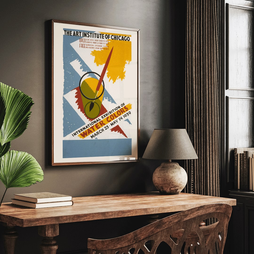 Colorful poster art for International exhibition of water colors by Arlington Gregg featuring paintbrush watercolor palette abstract brush strokes and a paintbrush in a glass, framed and displayed in home decor