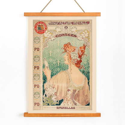 Art Nouveau poster by Alphonse Mucha featuring a woman in a corset with mirror and floral details Manufacture Royale De Corsets, with wooden magnetic frame on white background