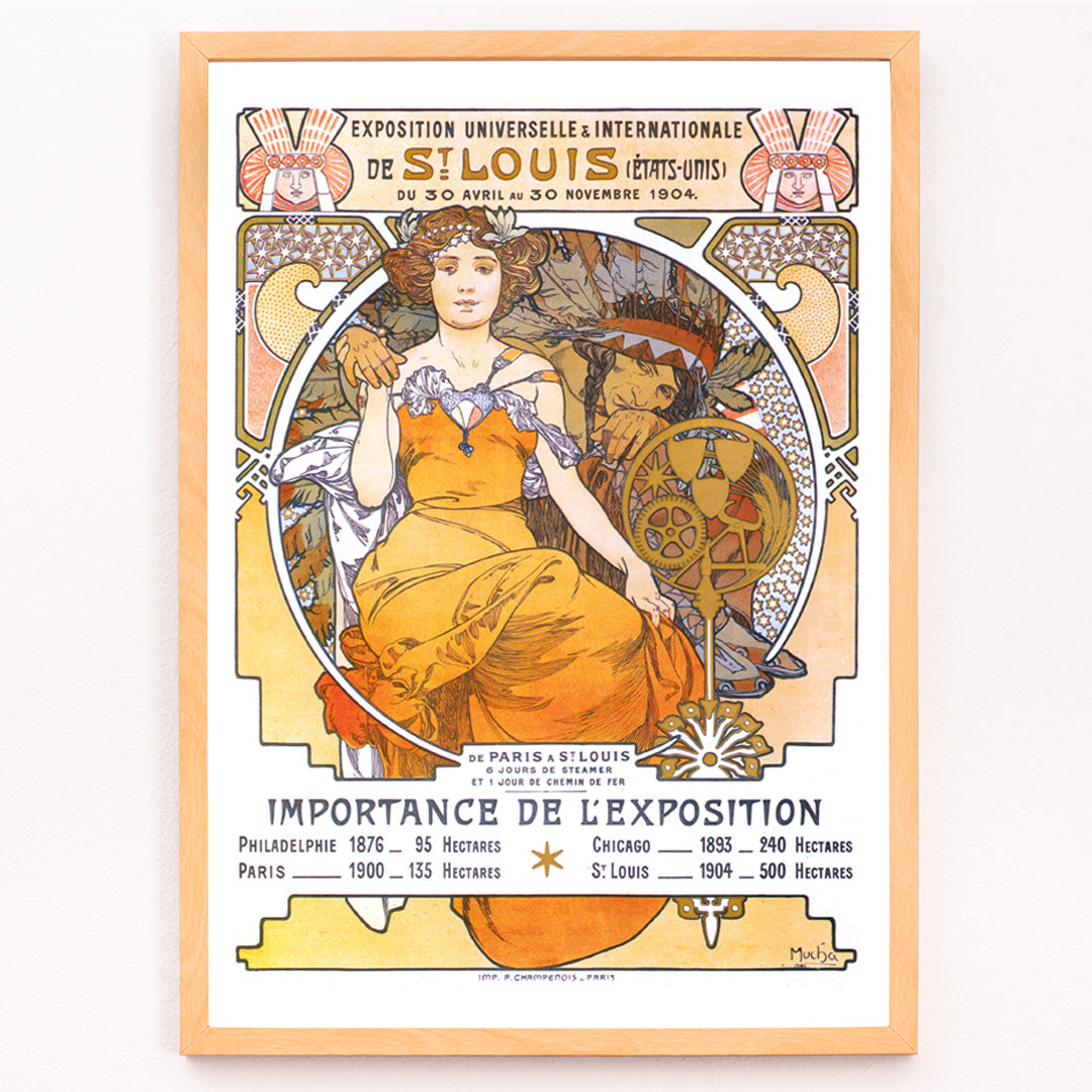 Closeup detail of Art Nouveau poster of a woman in a flowing yellow dress with floral motifs Exposition de Saint Louis by Alphonse Mucha
