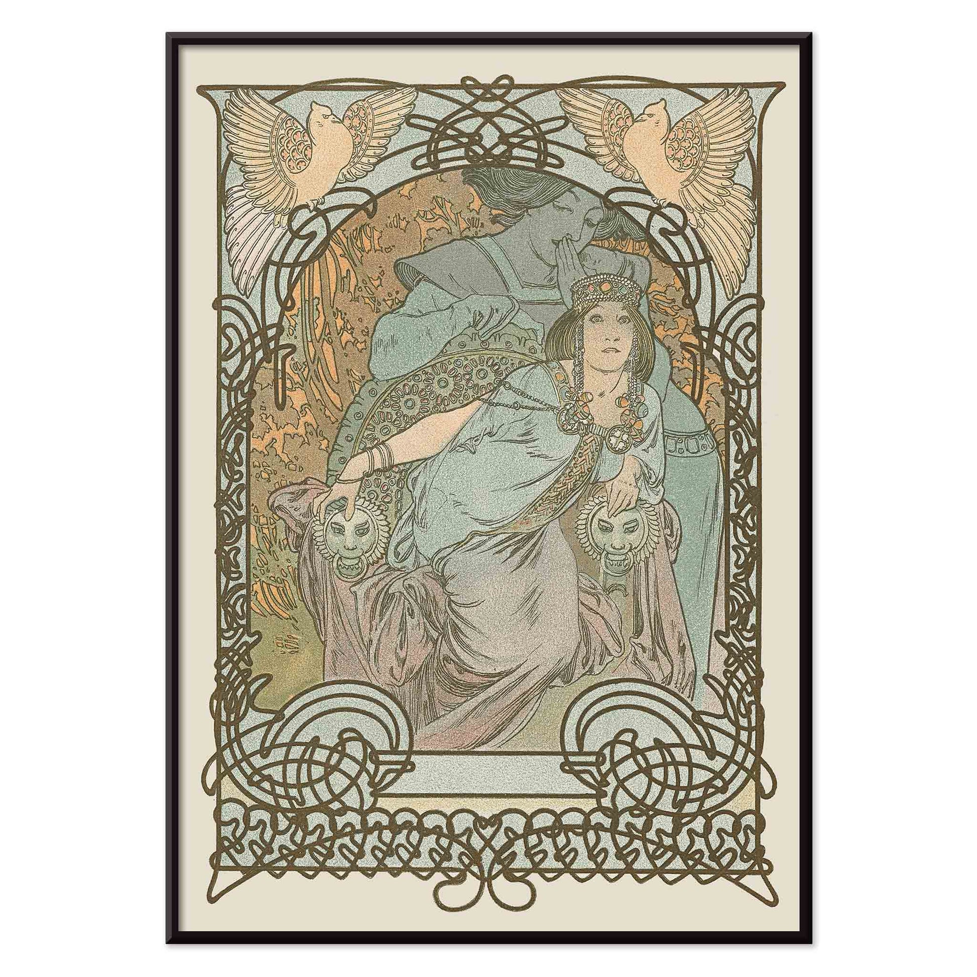Alphonse Mucha Ilsee Princesse de Tripoli poster with elegant woman in flowing robes ornate floral lines and soft pastel tones, with black aluminium frame on white background