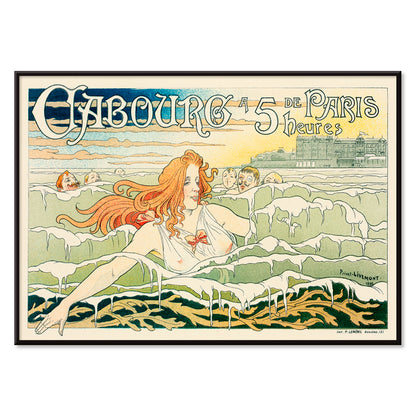 Art Nouveau poster of a red haired woman with flowing hair swimming in the sea near Casino De Cabourg by Henri Privat Livemont, with black aluminium frame on white background
