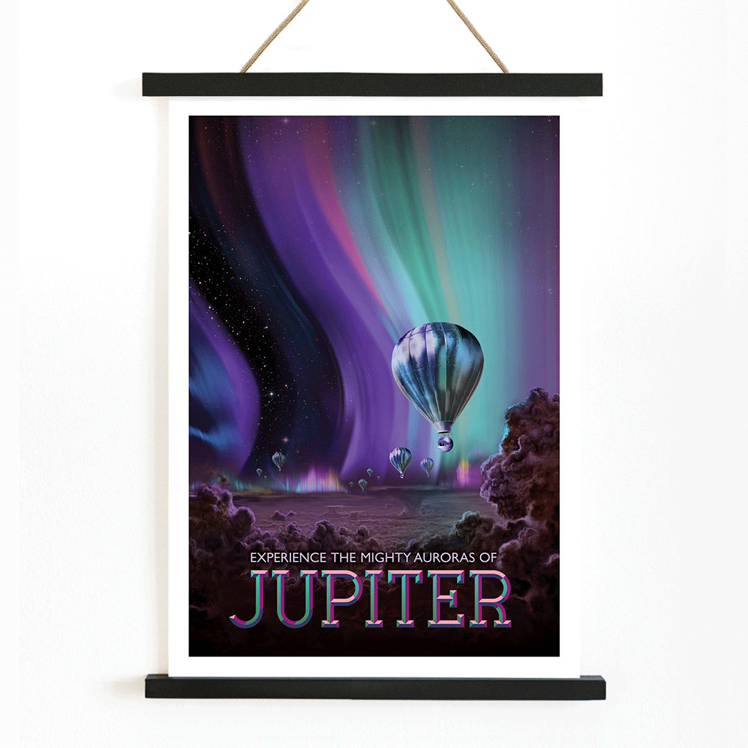 Hot air balloons under vibrant colorful auroras on Jupiter artwork by NASA space travel poster, with wooden magnetic frame on white background