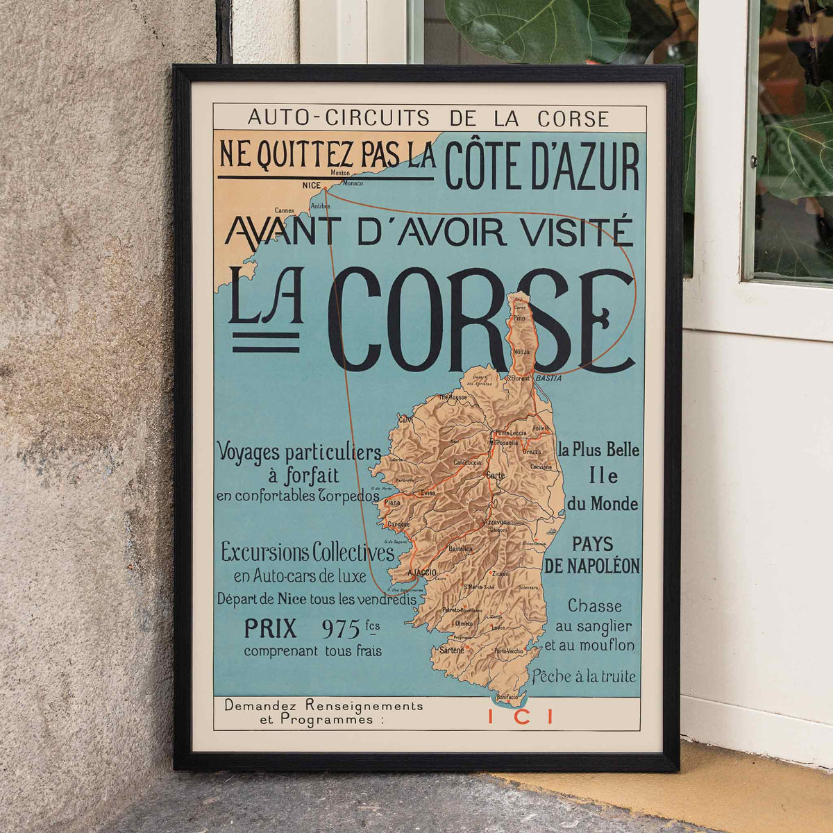 Auto-Circuits de la Corse poster map of Corsica with touring routes and sea connections to Nice and Cannes, framed and displayed in home decor