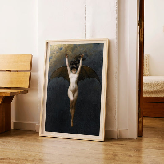 The Bat-Woman by Albert Joseph Penot artwork showing a woman with bat wings against a cloudy dark sky, framed and displayed in home decor