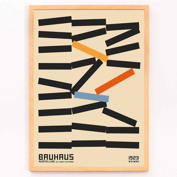 Bauhaus Poster 5 by Kandinsky with abstract geometric design in black orange and blue inspired by Weimar Exhibition on beige background, framed and displayed in modern living room decor