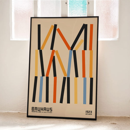 Bauhaus Poster 6 by designer with abstract geometric vertical lines in black orange and blue on beige background inspired by Weimar Exhibition, framed and displayed in home decor