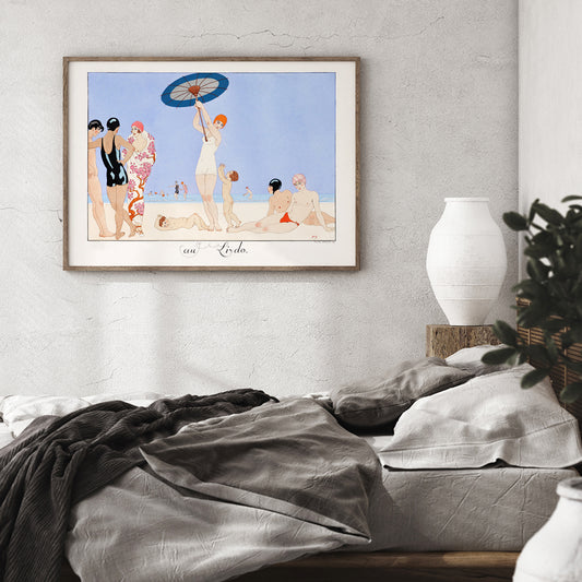 Art Deco beach scene with women children and people in swimsuits relaxing and playing on the beach Au Lido Plate by George Barbier, framed and displayed in home decor