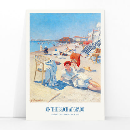 People relaxing on a sunny beach with chairs buildings and colorful umbrellas On the Beach at Grado by Eduard Otto Braunthal, framed and displayed in modern living room decor