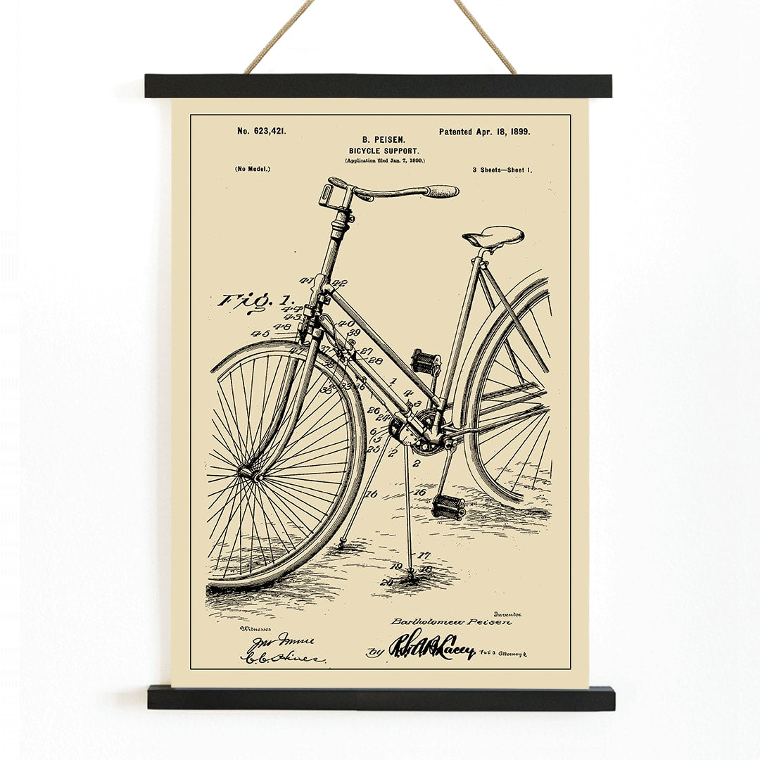 Bicycle support patent by B Peisen with detailed technical drawing and mechanical diagram featuring support stand and annotations, with wooden magnetic frame on white background