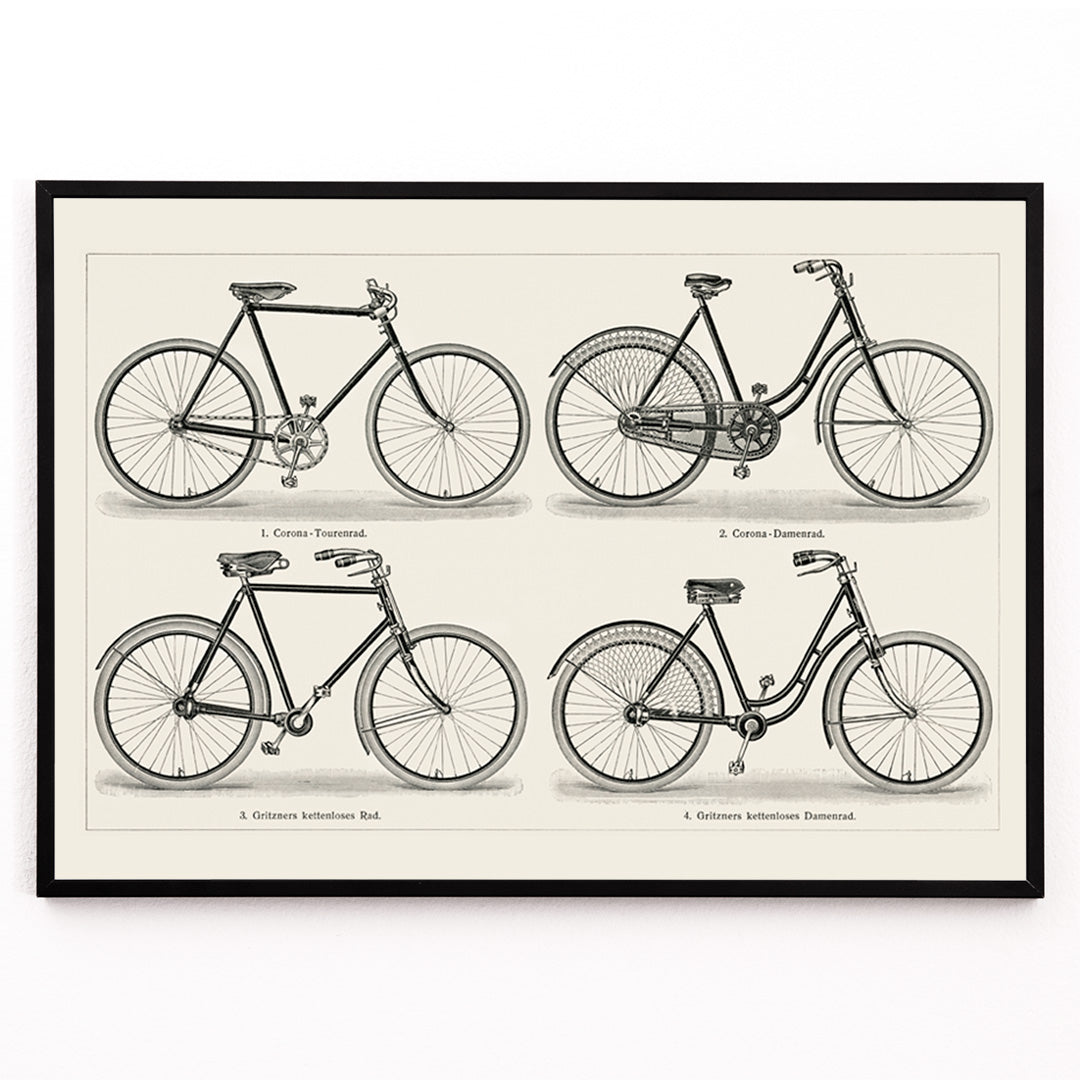 Closeup detail of Vintage bicycles black and white lithograph from Meyers Konversations Lexikon showing various types poster