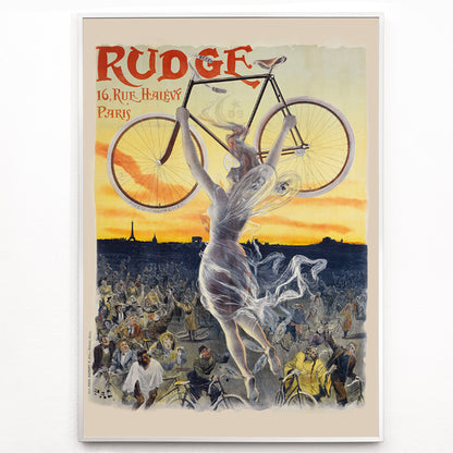 Closeup detail of Vintage bicycle poster by Jean de Paleologue showing a triumphant figure and a woman holding a bicycle above a crowd at sunset for Rudge bicycle brand