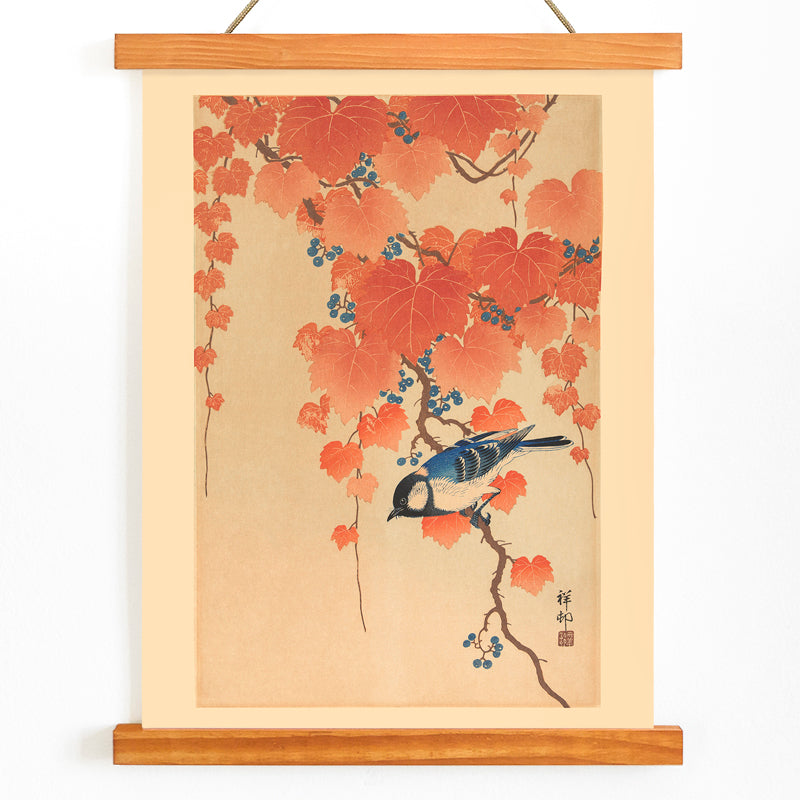 Blue bird on paulownia branch with autumn leaves and berries artwork by Ohara Koson poster, with wooden magnetic frame on white background