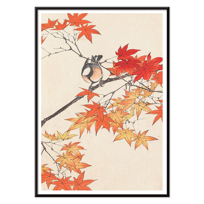 Bird on tree branch with autumn red and orange leaves Keinen kacho gafu by Imao Keinen Japanese art print, with black aluminium frame on white background