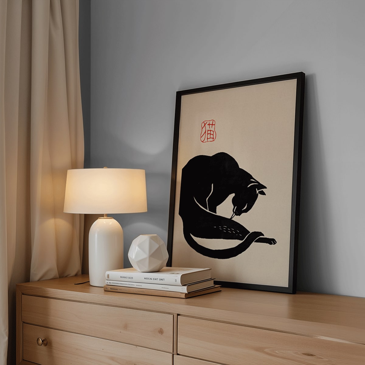 Minimalist black cat illustration titled Black Cat 3 with Chinese calligraphy and red accents on beige background, framed and displayed in modern living room decor