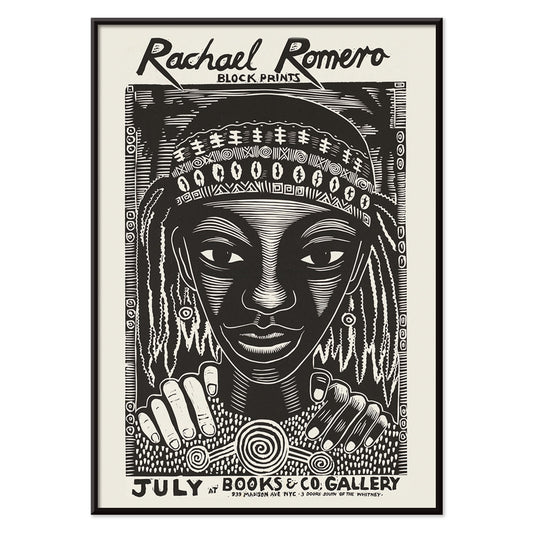 Black and white portrait block print poster with intricate patterns by Rachael Romero at Books and Co gallery, with black aluminium frame on white background