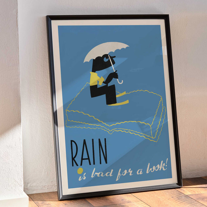 Arlington Gregg Rain Is Bad for a Book poster blue minimalist figure under white umbrella above book, framed and displayed in modern living room decor