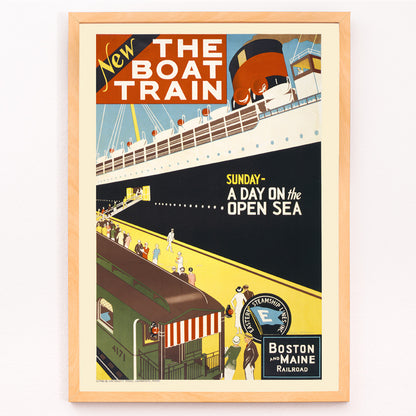 Closeup detail of Vintage travel poster by Charles W Holmes showing people boarding a ship from a train platform for a day at sea titled New The boat train