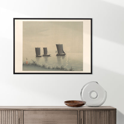 Serene Japanese art of three traditional fishing boats on calm water at sunset by Ohara Koson, framed and displayed in home decor