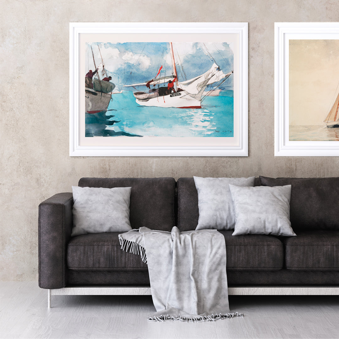 Vibrant fishing boats on turquoise blue water painted by Winslow Homer in Fishing Boats Key West perfect coastal decor poster, framed and displayed in home decor