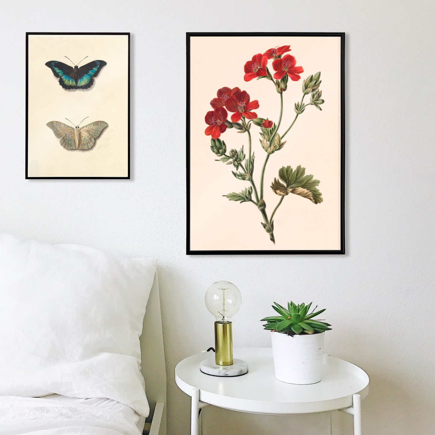 Botanical illustration of red flowers with green leaves by M de Gijselaar poster artwork, framed and displayed in home decor