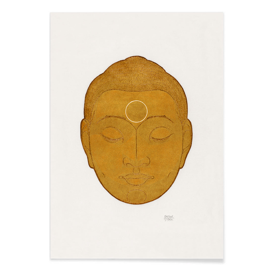 Serene golden Buddha head artwork with closed eyes by Reijer Stolk titled Head of Buddha on white background, with black aluminium frame on white background