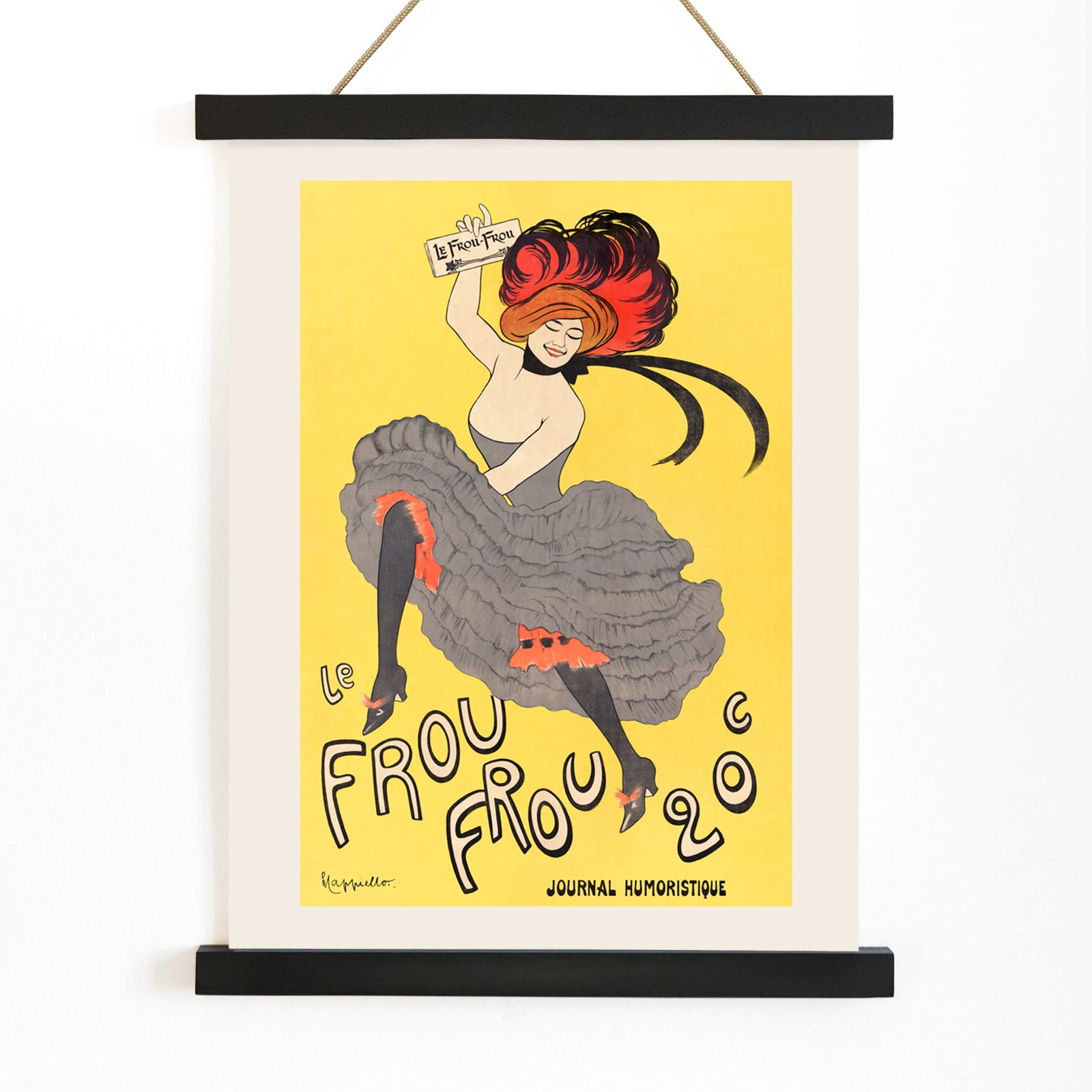 Colorful cancan dancer illustration and poster for Le Frou Frou by Leonetto Cappiello featuring a woman in a flamboyant dress against a bright yellow background, with wooden magnetic frame on white background