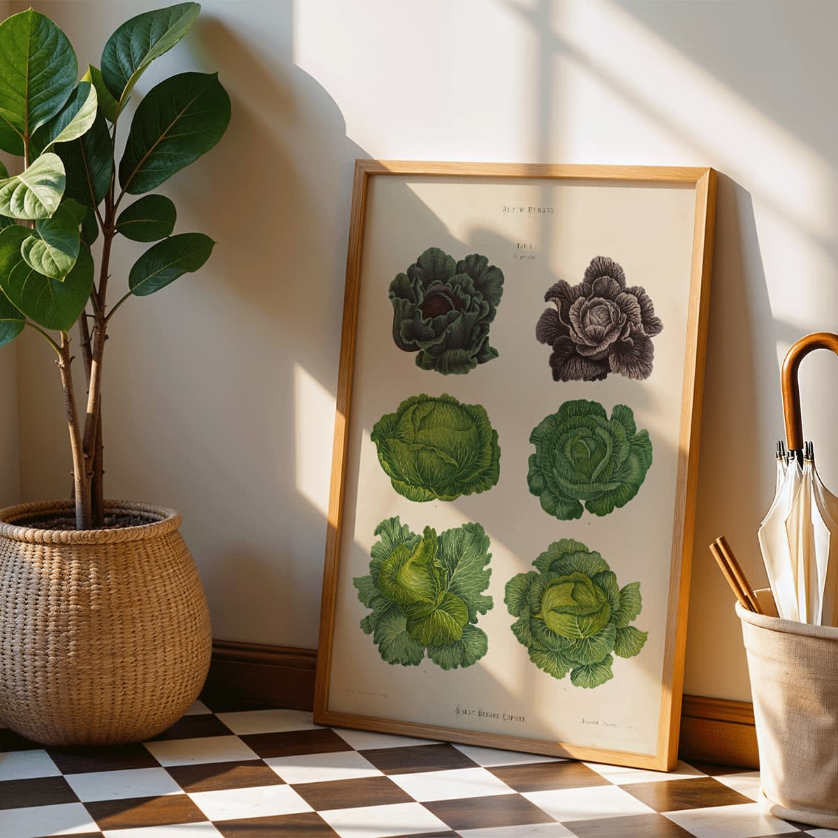 Cabbage illustrations in green and purple by Ernst Benary from artwork Cabbages poster, framed and displayed in home decor