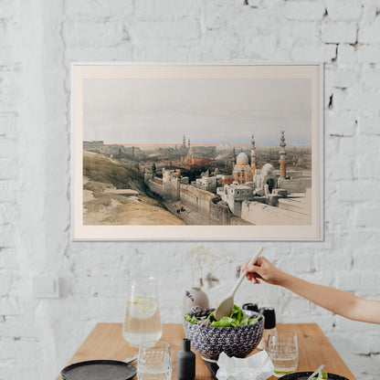 Panoramic cityscape of Cairo with mosques historic architecture and city walls looking west artwork by David Roberts, framed and displayed in home decor