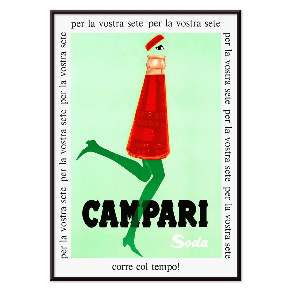 Campari Soda advertising posters by Franz Marangolo and Leonetto Cappiello featuring stylized bottles with green legs and walking on a green background, with black aluminium frame on white background