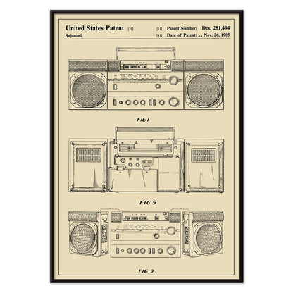 Portable combined cassette player technical drawing and poster illustrations by Sujanani United States Patent detailed technical drawings, with black aluminium frame on white background