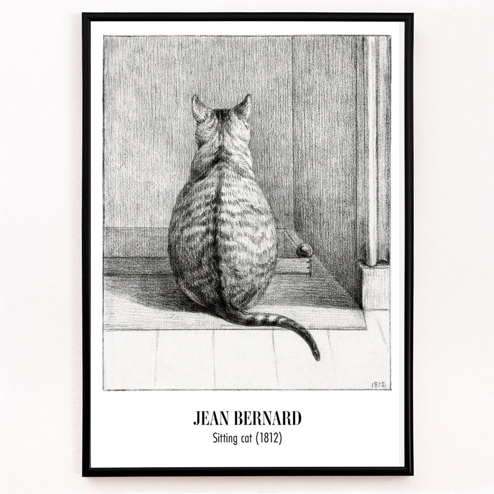 Closeup detail of Detailed drawing poster of a sitting cat viewed from behind in a room artwork by Jean Bernard titled Sitting cat from behind
