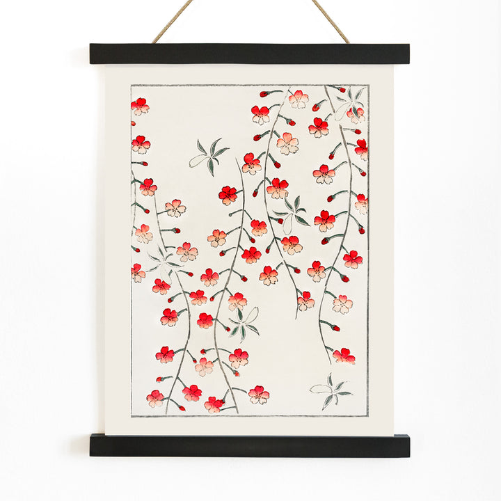 Cherry blossom branches and red flowers artwork by Watanabe Seitei from Bijutsu Sekai Japanese poster illustration, with wooden magnetic frame on white background