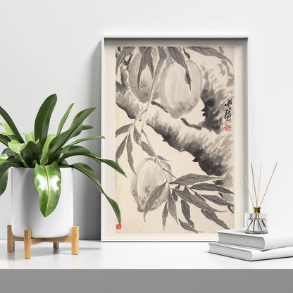 Chinese ink painting poster of peaches hanging from a branch in black ink wash style artwork by Min Zhen, framed and displayed in home decor