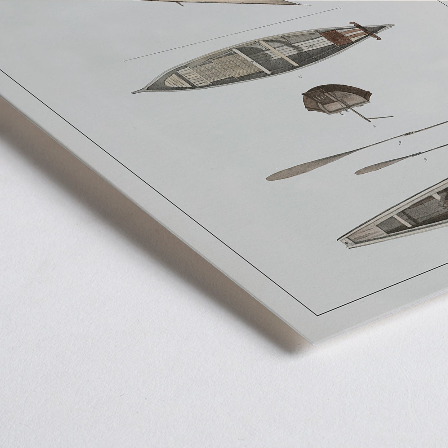 Closeup detail of Poster of J. Tastu Chinese and Javanese boat studies with two boats and sailing vessel in beige blue and grey tones