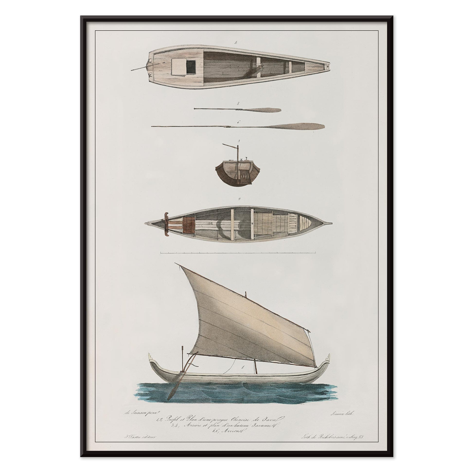 Poster of J. Tastu Chinese and Javanese boat studies with two boats and sailing vessel in beige blue and grey tones, with black aluminium frame on white background