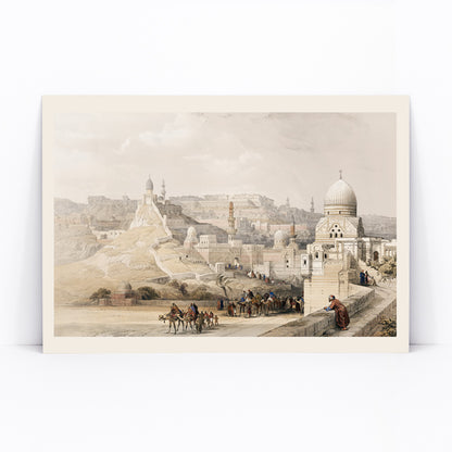 Historic view and poster of the Citadel of Cairo residence of Mehemet Ali with people camels and historical architecture by artist David Roberts, framed and displayed in modern living room decor