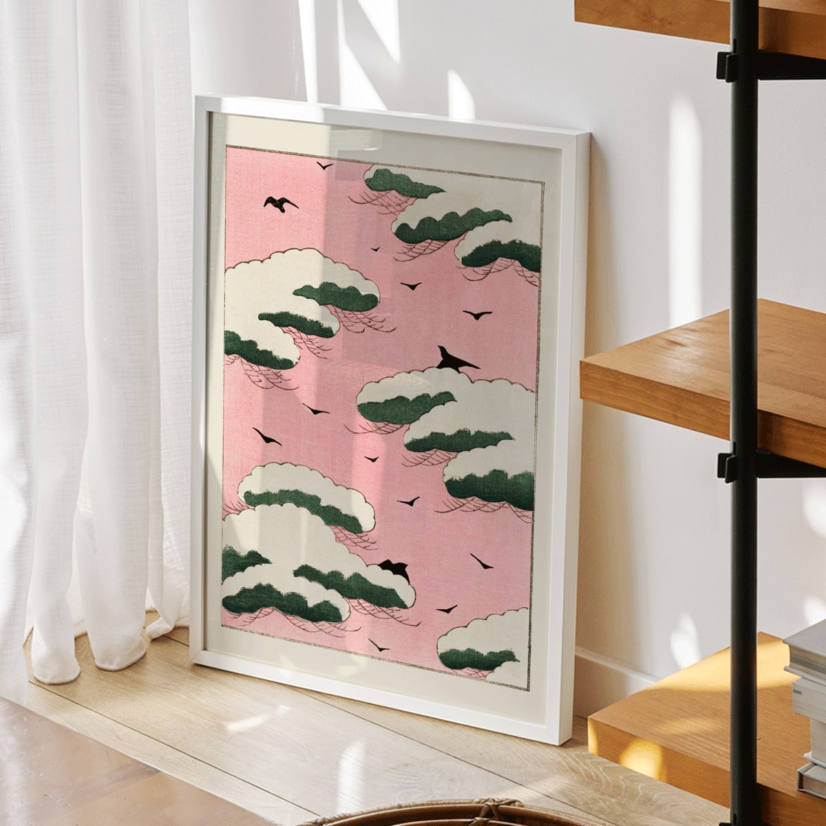 Pink sky with green clouds and black birds by Watanabe Seitei from Bijutsu Sekai Kacho-ga style poster, framed and displayed in home decor
