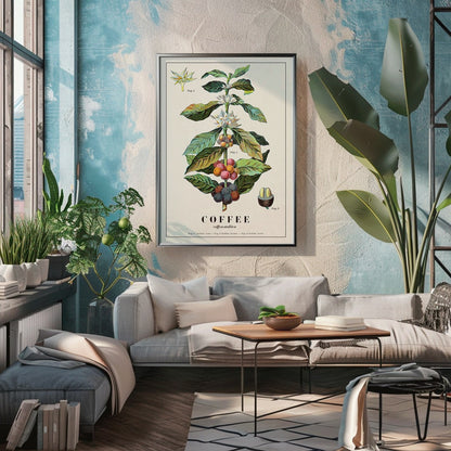 Botanical illustration of Coffea arabica plant with fruits and flowers by Davis Sacker and Perkins, framed and displayed in home decor