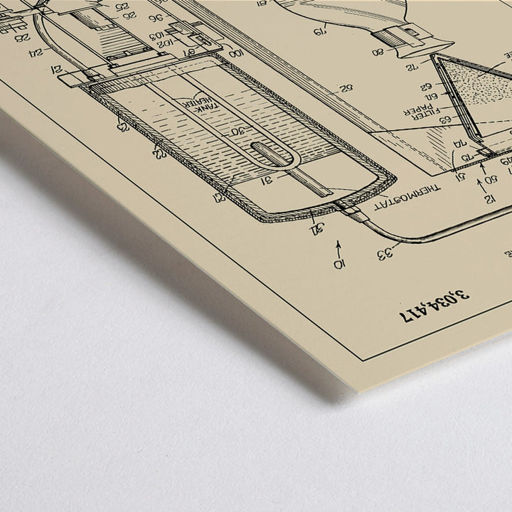 Closeup detail of Detailed black and white illustration and patent poster of a mechanical coffee grinder by J C Milligan titled Coffee Mill showing detailed components