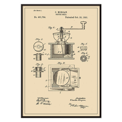 Vintage mechanical drawing and patent sketch of a coffee grinder titled Coffee Mill by C Morgan featuring detailed illustrations and technical specifications, with black aluminium frame on white background